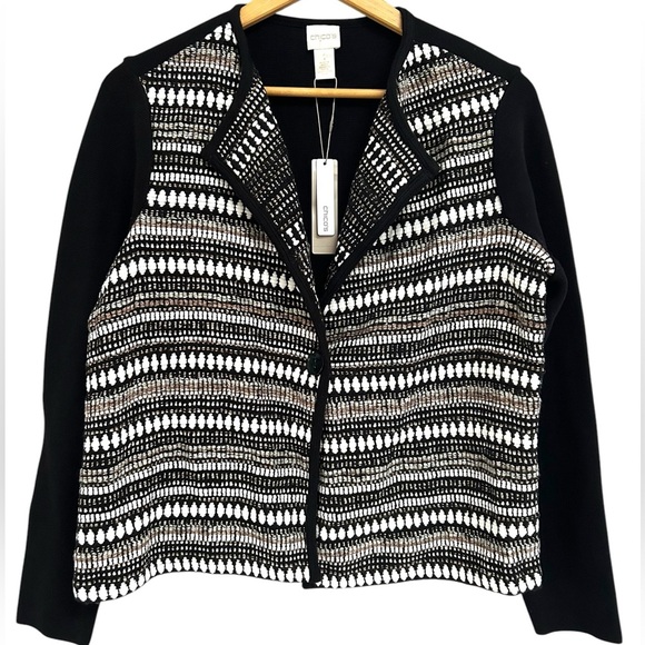 NWT Chicos Textured Stripe Cardigan Sweater Long Sleeve Button Close.Black White - Picture 1 of 9